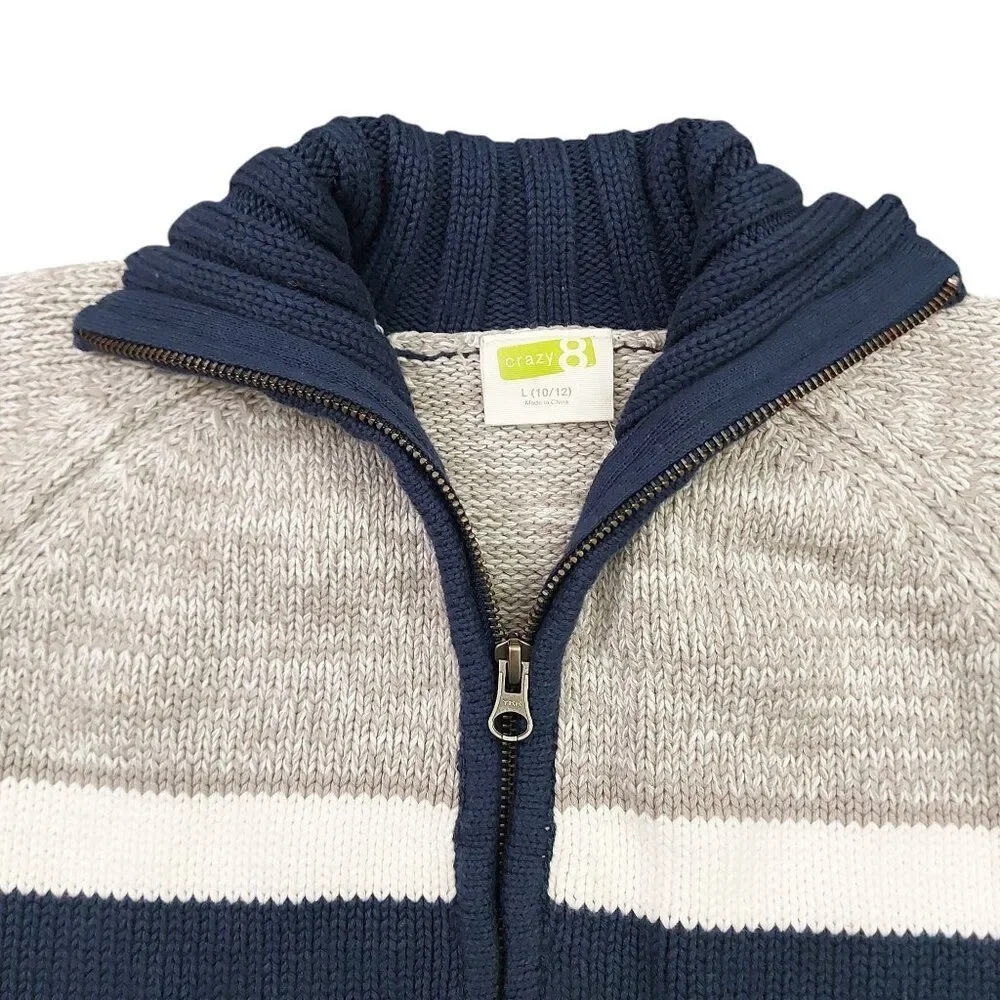 Crazy 8 Sweater Boys Large 10/12 Gray Navy Full Zip Ribbed High Neck 100% Cotton